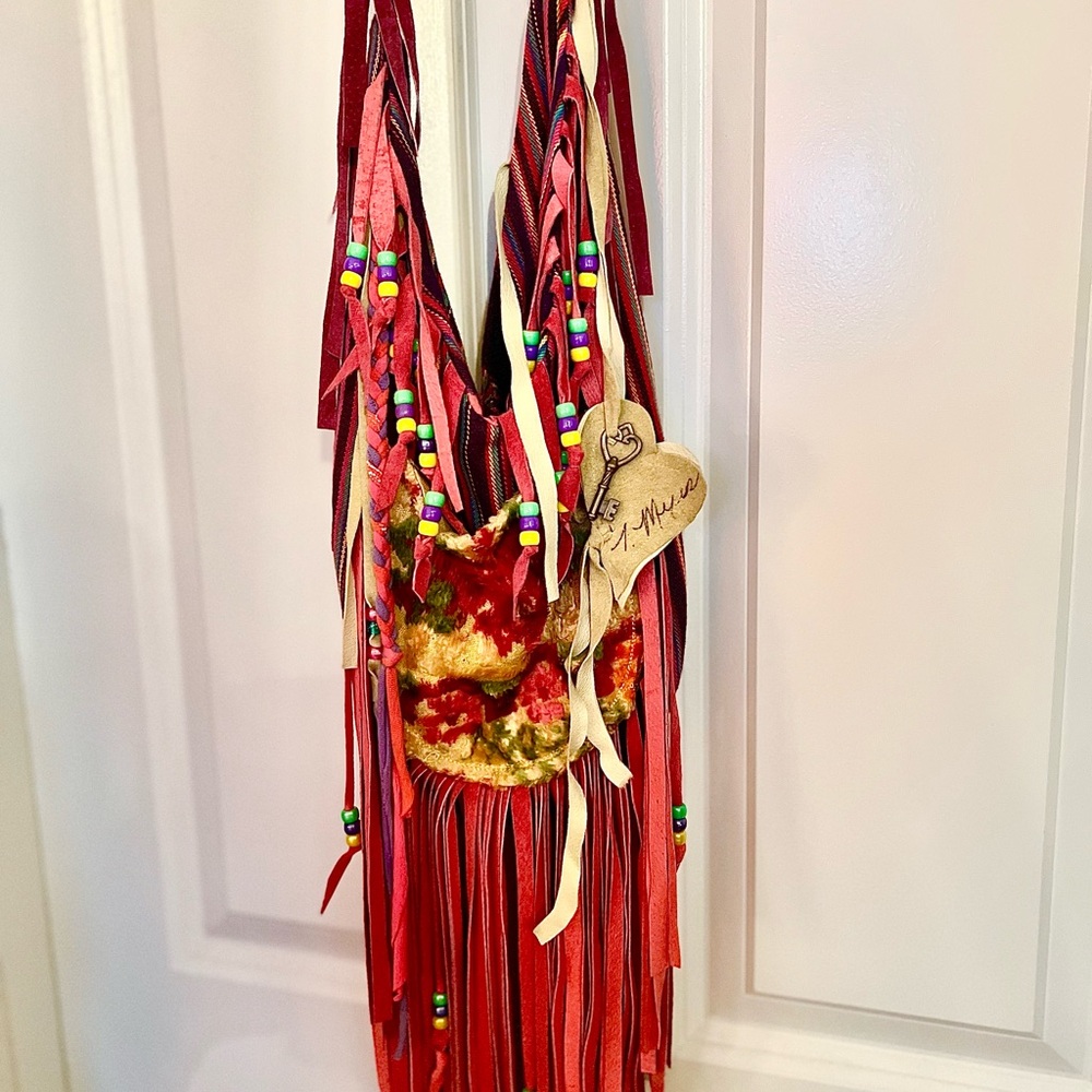 Traci Myers Artisan Red and Multicolor Fringe Shoulder Bag